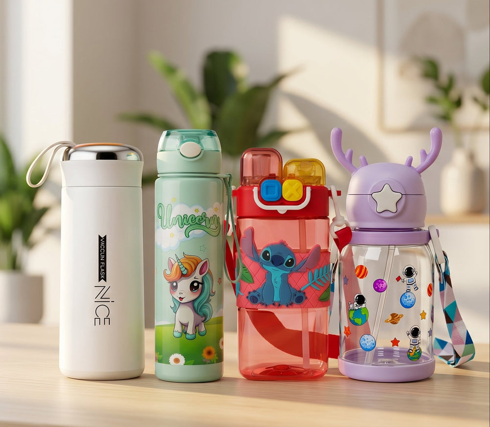 Set of colorful water bottles on a table with a bright background