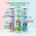 Three unicorn-themed thermos bottles with features highlighted on a light blue background