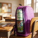 Purple backpack with a unicorn-themed water bottle on a classroom desk.