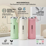 Three vacuum flasks in pastel colors with branding and feature text on a neutral background.