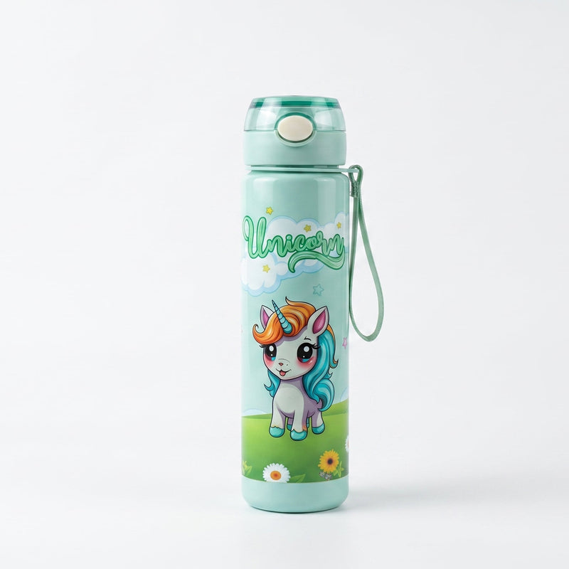 Water bottle with a unicorn design on a white background