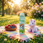 Unicorn-themed water bottle, plush toy, and fruit bowl on a colorful blanket in a park.