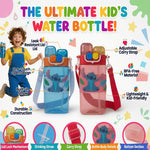 Two children's water bottles with cartoon character design on a colorful background with features highlighted.